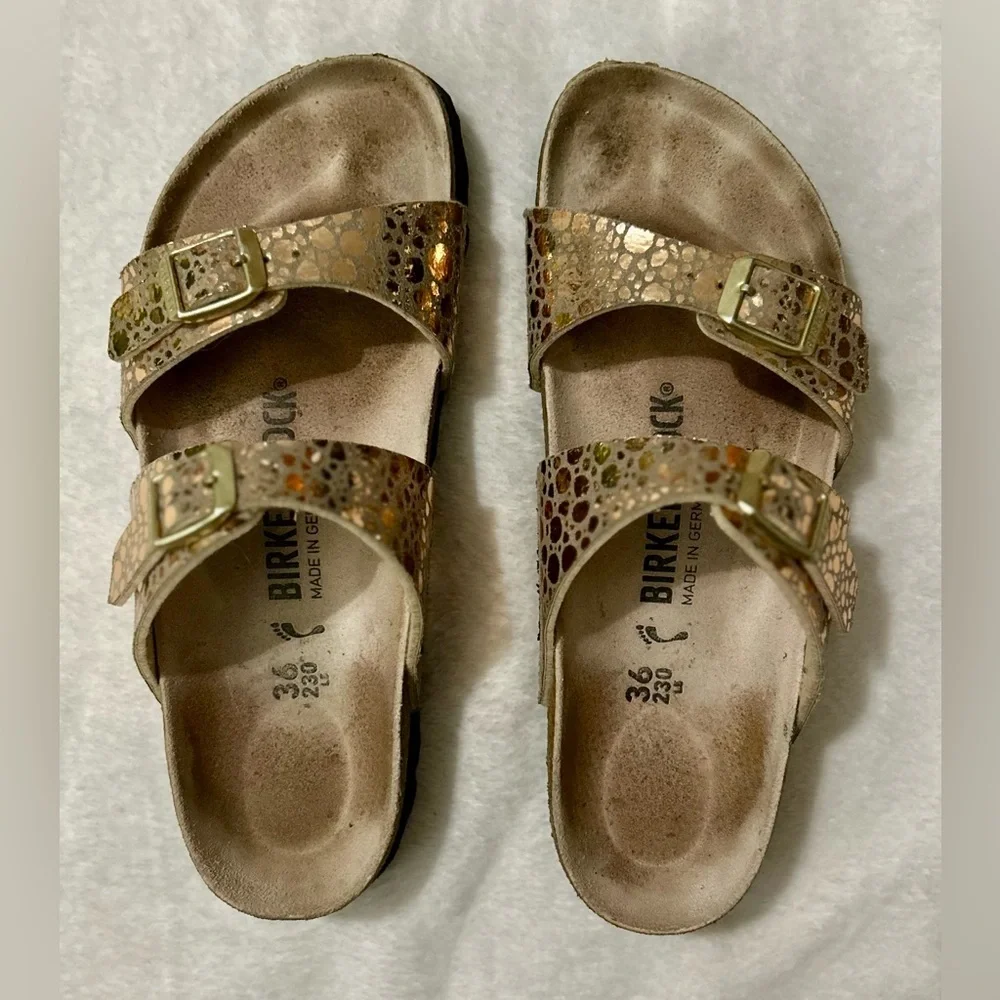 Birkenstock Arizona Sz 5(36) RoseGold Metallic Stone Two-Strap Buckle Sandals - Picture 2 of 8